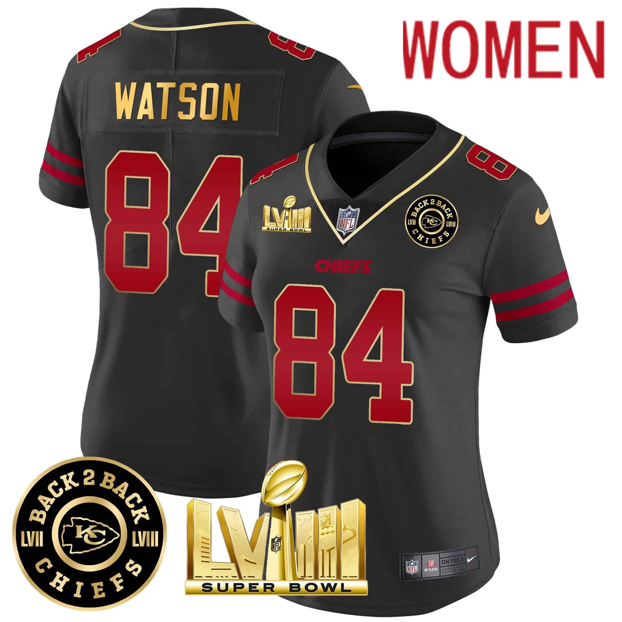 Women Kansas City Chiefs #84 Watson Black 2024 Nike Super Bowl LVIII & Back-2-Back Patch Vapor NFL Jersey style 1->women nfl jersey->Women Jersey